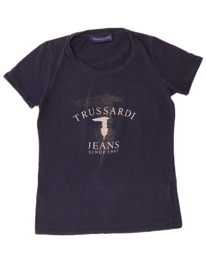 TRUSSARDI JEANS Womens Graphic T-Shirt Top UK 12 Medium Navy Blue