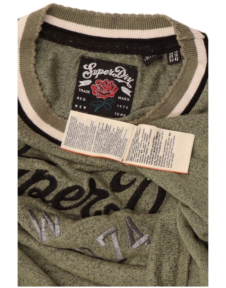 SUPERDRY Womens Crop Graphic Sweatshirt Jumper UK 14 Large Green Flecked