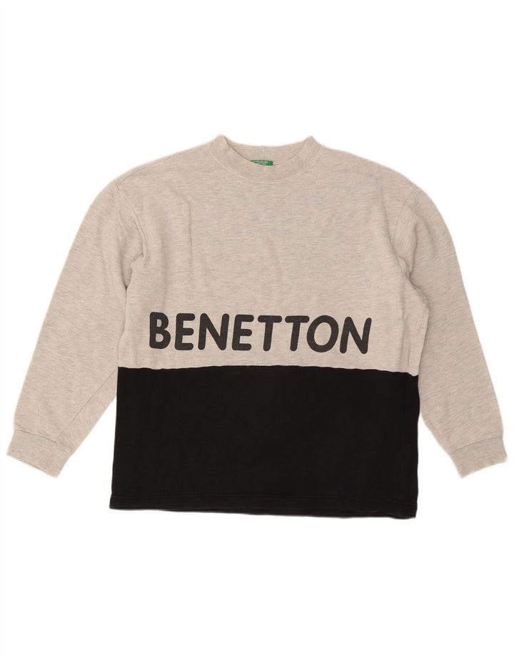BENETTON Mens Graphic Sweatshirt Jumper Small Grey Colourblock Cotton