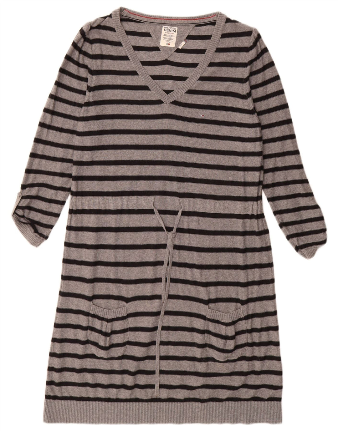TOMMY HILFIGER Womens 3/4 Sleeve Jumper Dress UK 14 Large Grey Striped