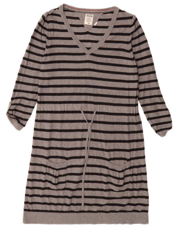 TOMMY HILFIGER Womens 3/4 Sleeve Jumper Dress UK 14 Large Grey Striped