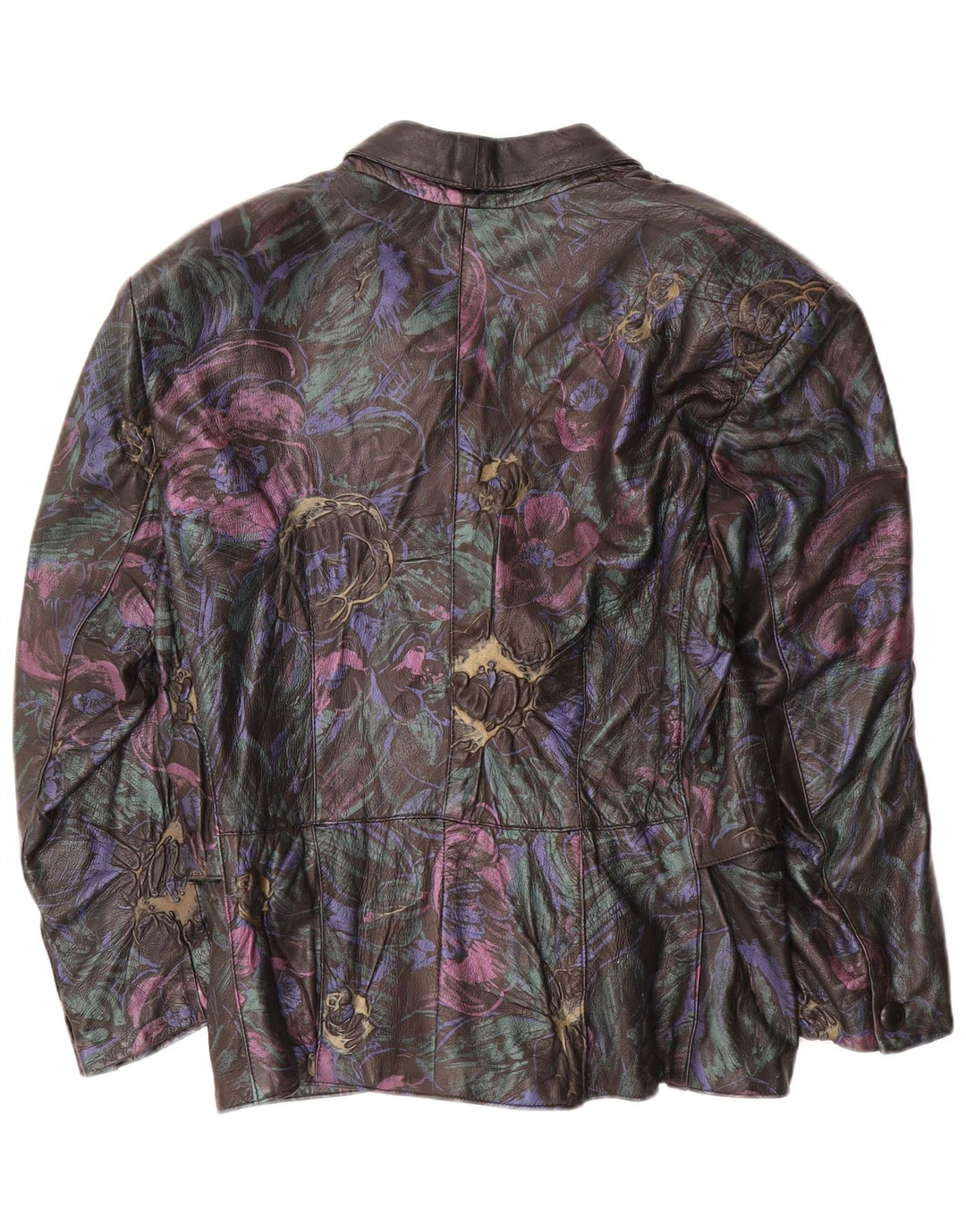 VINTAGE Womens Leather Jacket UK 16 Large Black Floral Leather