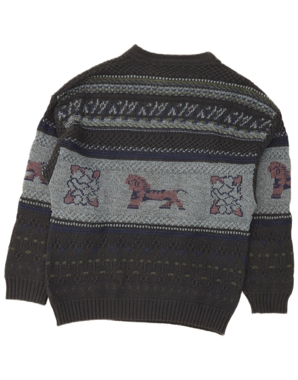 Vintage Mens Graphic Crew Neck Jumper Sweater XL Grey Fair Isle Wool