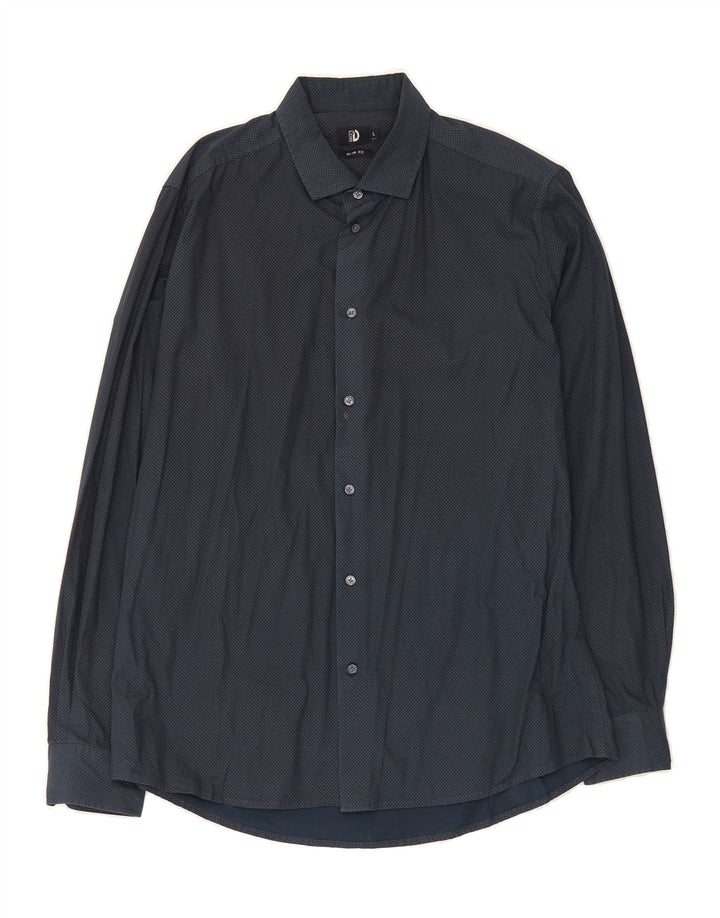 DACK'S Mens Abstract Pattern Slim Fit Shirt Large Navy Blue Cotton Vintage Dack's and Second-Hand Dack's from Messina Hembry 