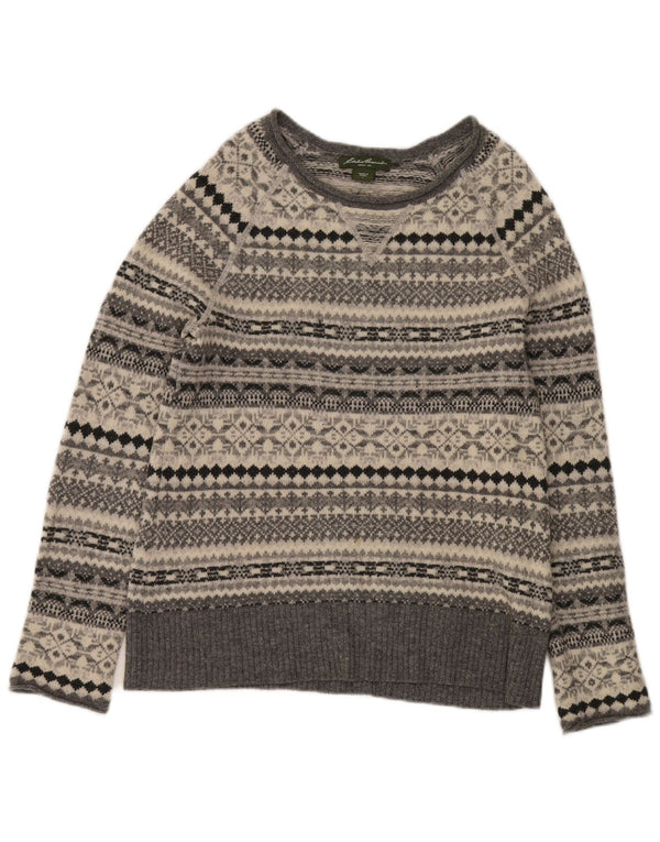Eddie Bauer Womens Boat Neck Jumper Sweater UK 14 Large Grey Fair Isle Wool