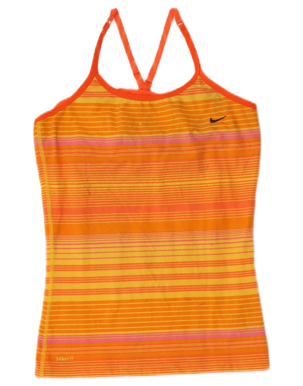 Nike Womens Dri Fit Vest Top UK 14/16 Large Orange Striped Cotton