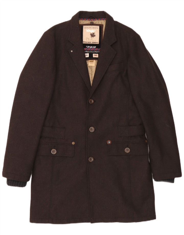 KHUJO Mens Overcoat UK 40 Large Brown Herringbone Polyester