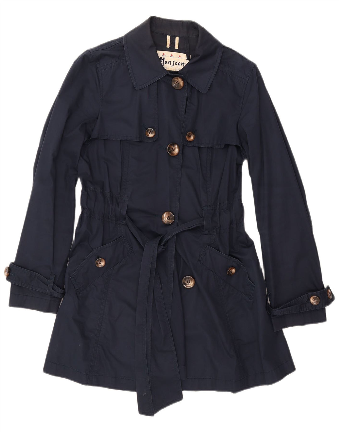 Monsoon Womens Trench Coat UK 12 Medium Navy Blue Cotton