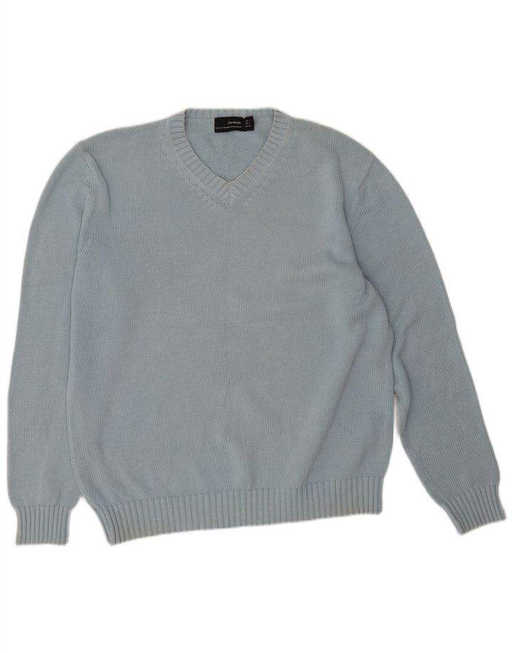 Zara Mens V-Neck Jumper Sweater Large Blue Cotton