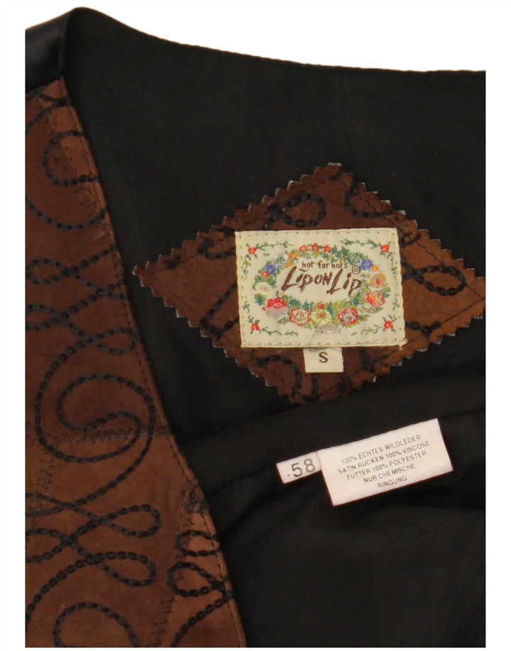 VINTAGE Mens Suede Waistcoat Small Brown Paisley Leather