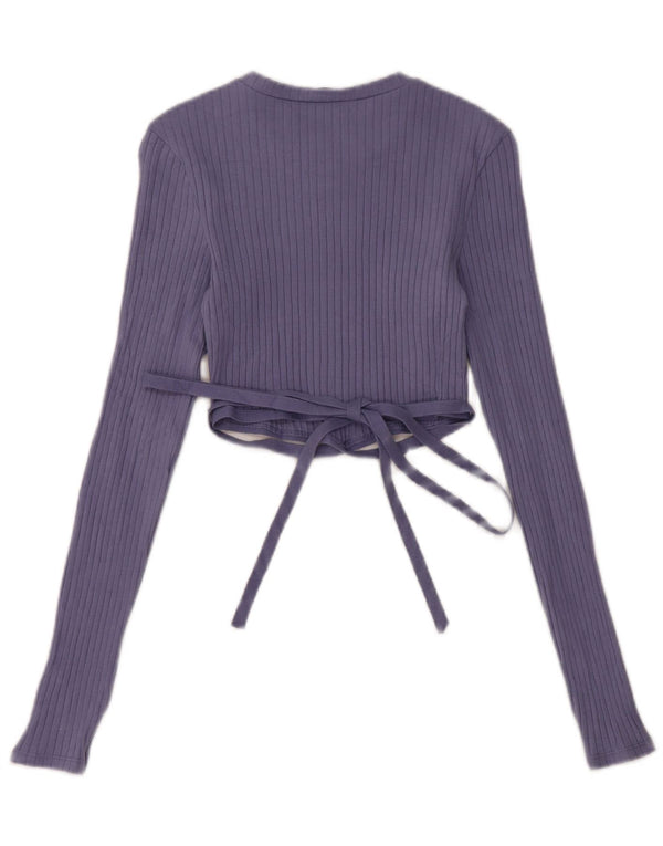 Zara Womens Crop Top Long Sleeve UK 10 Small Blue Cotton