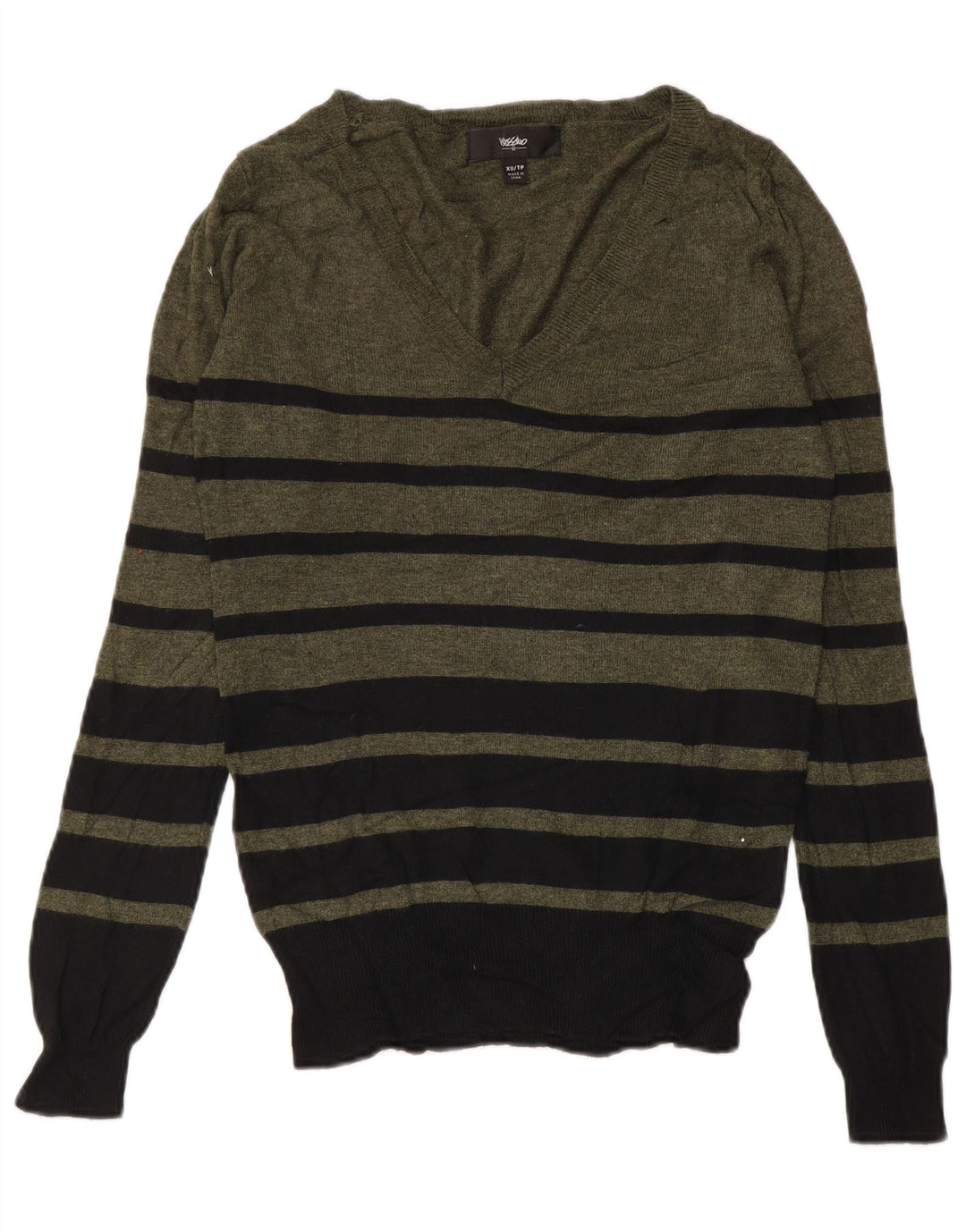 MOSSIMO Womens V-Neck Jumper Sweater UK 6 XS Khaki Striped Nylon