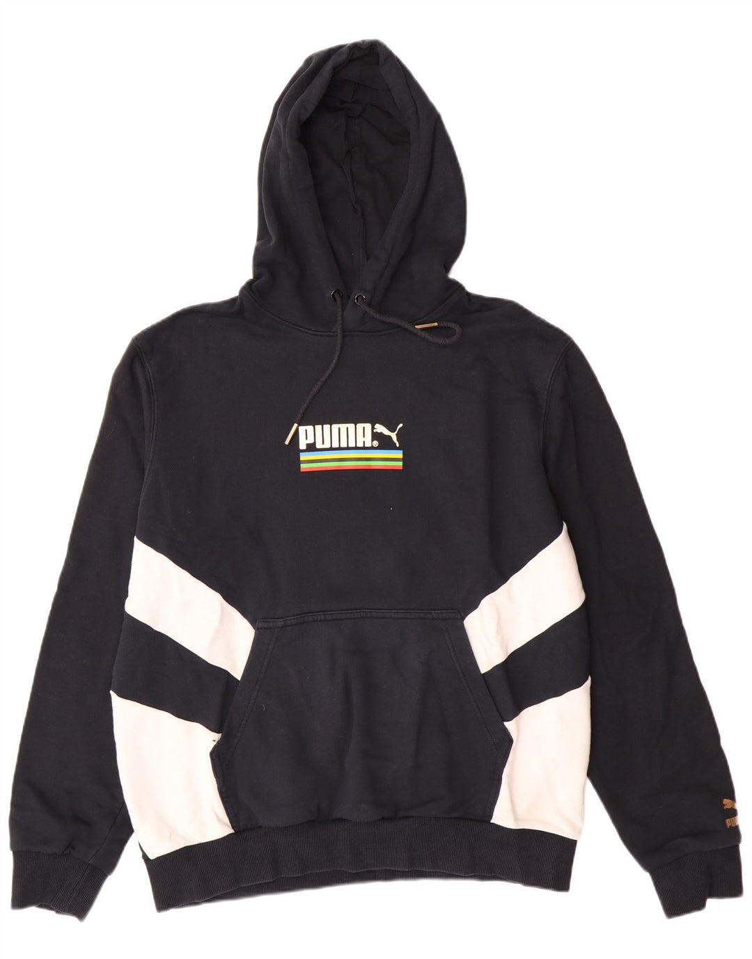 PUMA Mens Graphic Hoodie Jumper Large Black Colourblock Cotton