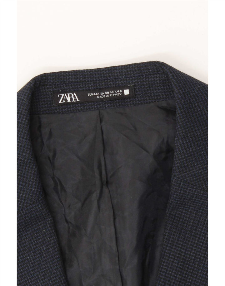 Zara Mens 2 Button Blazer Jacket EU 48 Medium Navy Blue Houndstooth