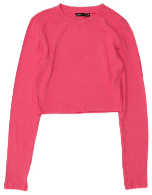 Zara Womens Crop Top Long Sleeve UK 12 Medium Pink Cotton