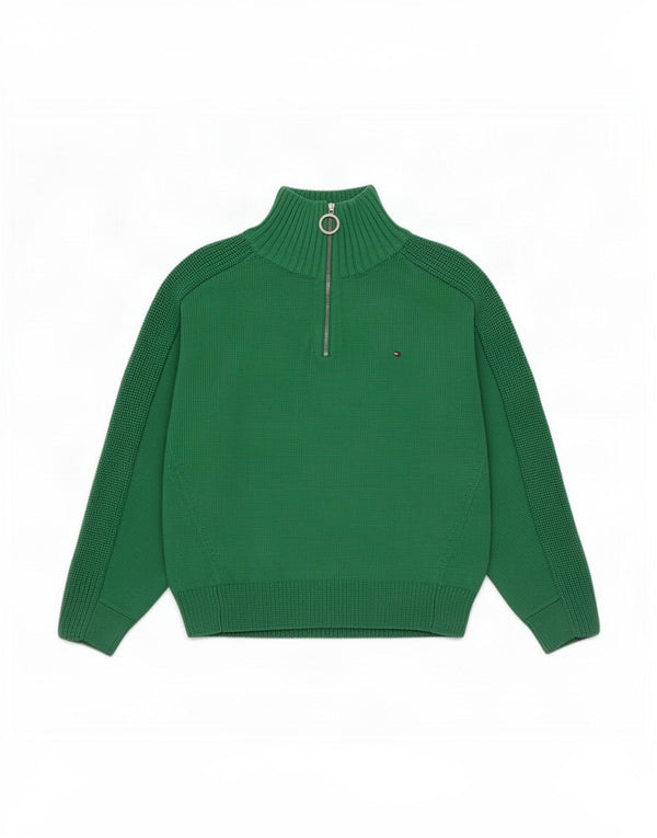 Tommy Hilfiger Womens Oversized Zip Neck Jumper Sweater UK 10 Small Green