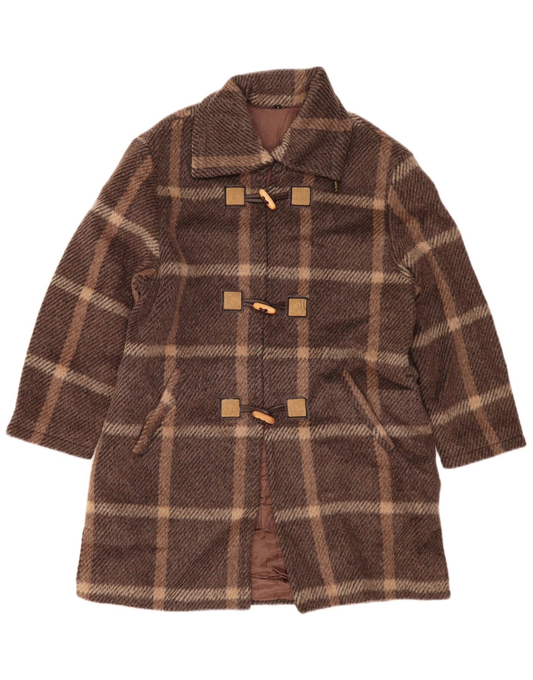 VINTAGE Womens Duffle Coat US 1 XS Brown Check Wool