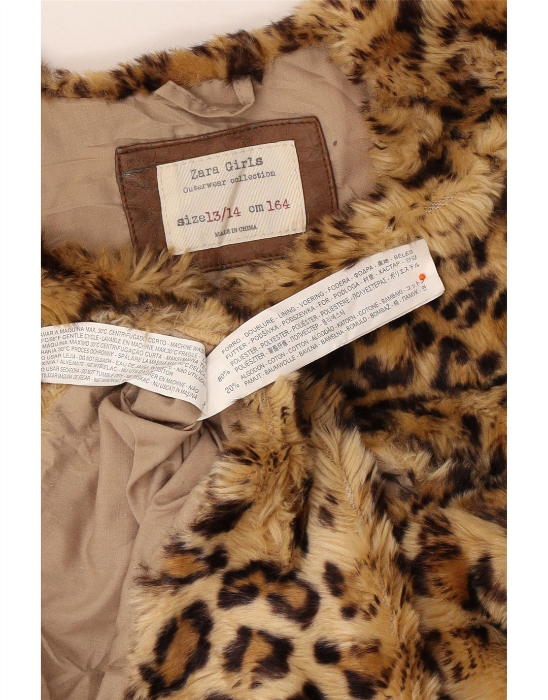 ZARA Girls Faux Fur Gilet 13-14 Years Brown Animal Print Polyester