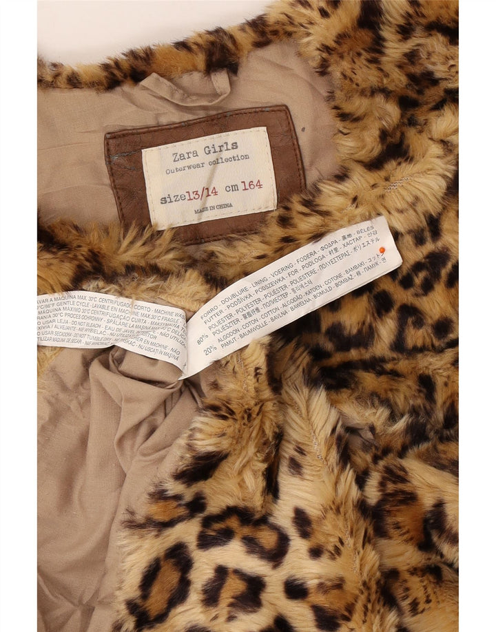 ZARA Girls Faux Fur Gilet 13-14 Years Brown Animal Print Polyester