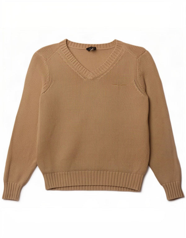 Armani Jeans Womens V-Neck Jumper Sweater UK 14 Large Beige Cotton