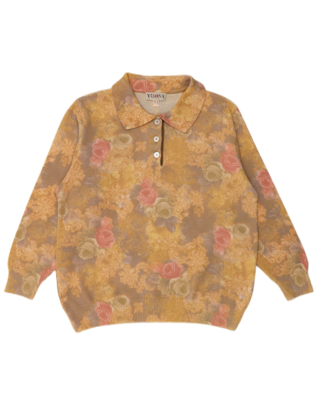 VILONA MODA Womens Polo Neck Jumper Sweater UK 18 XL Yellow Floral Wool