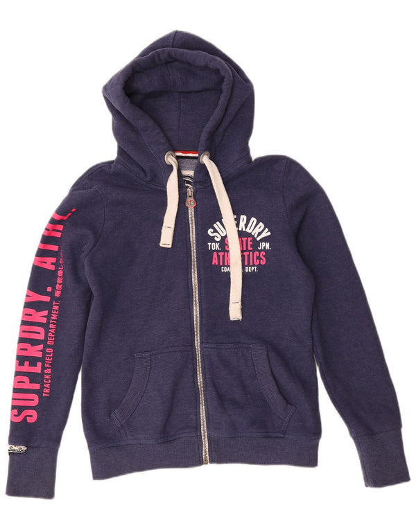 Superdry Womens Graphic Zip Hoodie Sweater UK 14 Medium Navy Blue Cotton