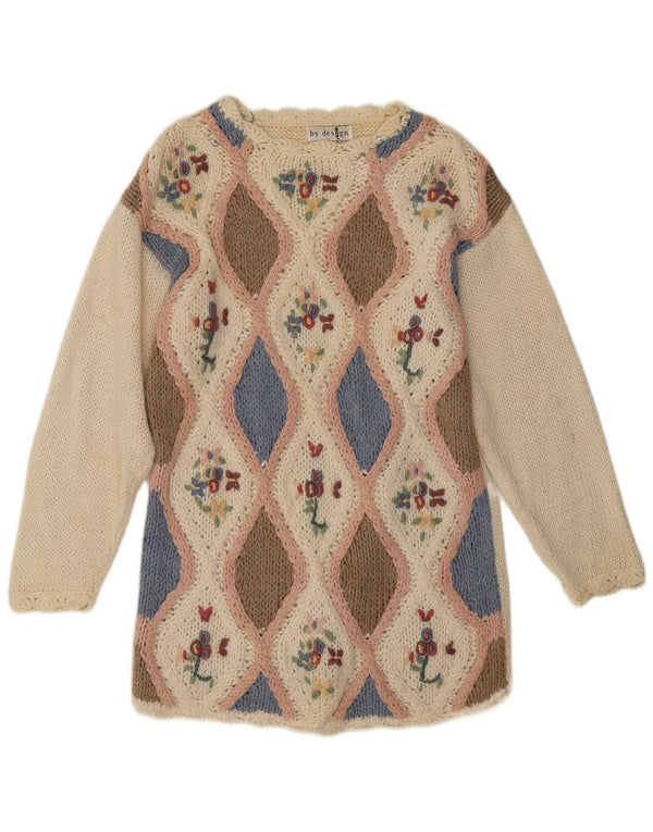 Vintage Womens Boat Neck Jumper Sweater UK 10 Small Off White Geometric