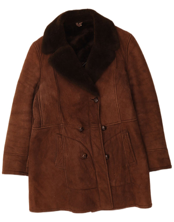 Vintage Womens Shearling Double Breasted Coat IT 54 3XL Brown Leather