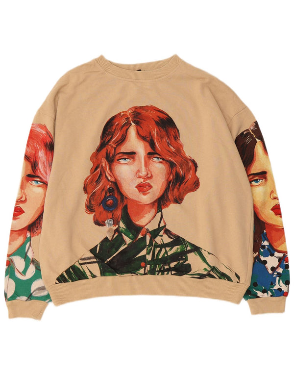 ZARA Womens Oversized Crop Graphic Sweatshirt Jumper UK 14 Medium Beige