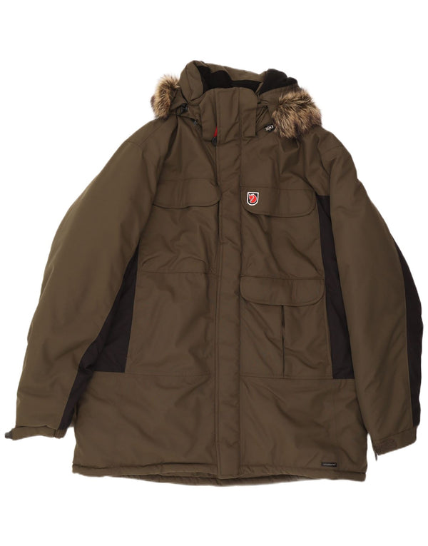 Fjall Raven Mens Hooded Parka Jacket UK 44 2XL Khaki Colourblock Polyamide