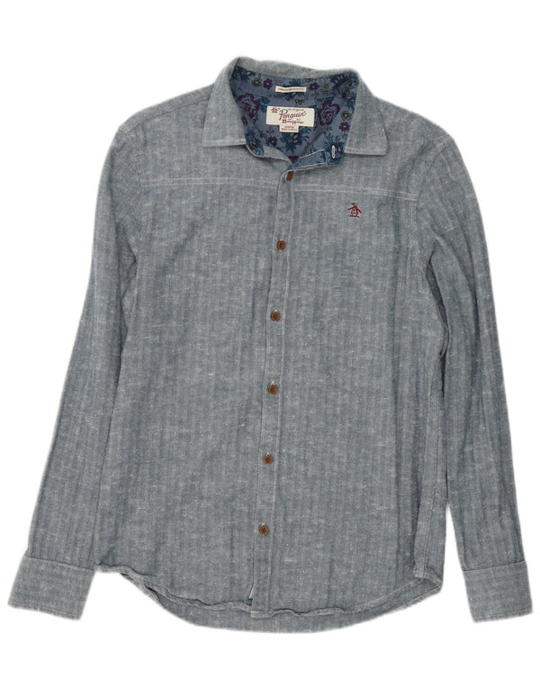 Penguin Mens Heritage Slim Fit Shirt Medium Blue Herringbone Cotton