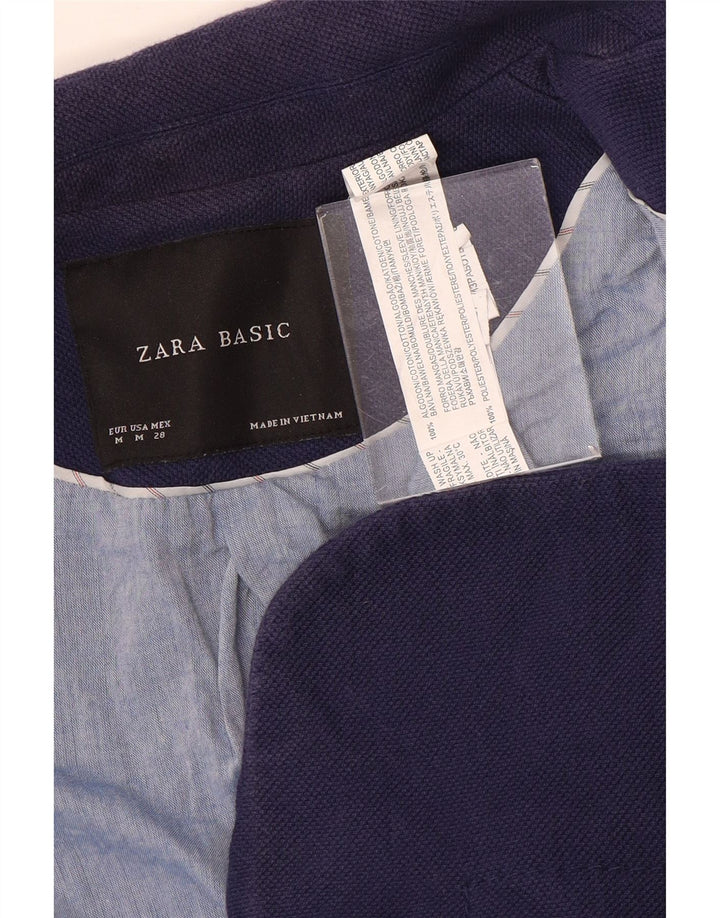 Zara Womens Crop 1 Button Blazer Jacket UK 12 Medium Navy Blue Cotton
