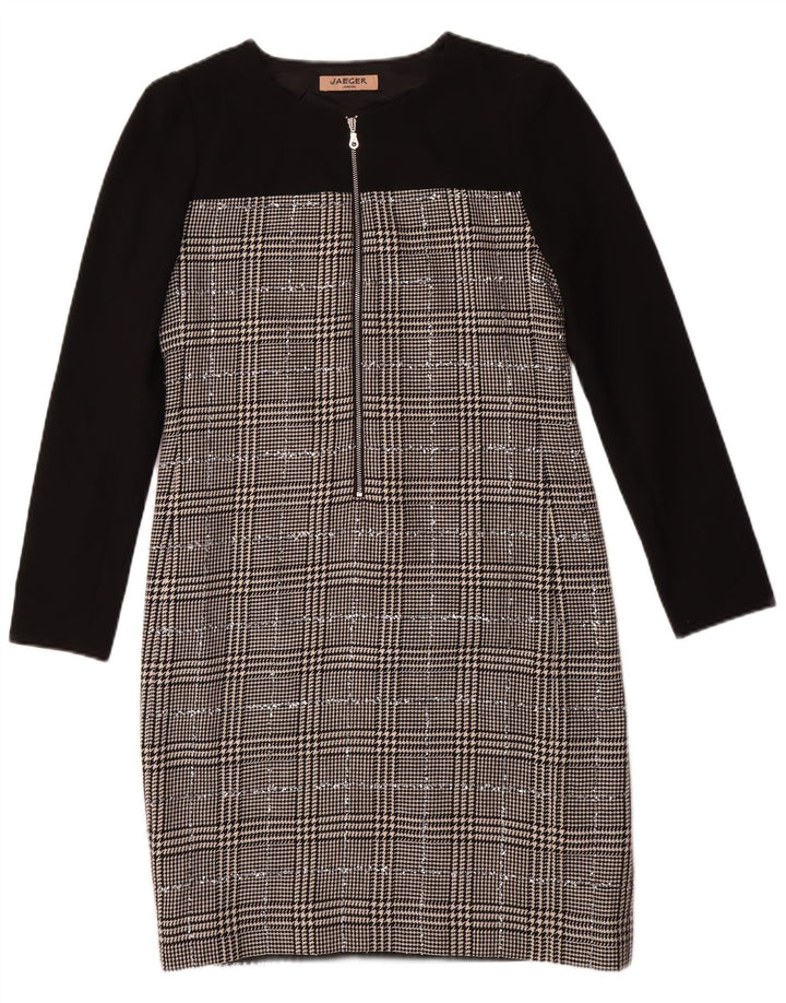 JAEGER Womens Long Sleeve Sheath Dress UK 8 Small Black Houndstooth Wool