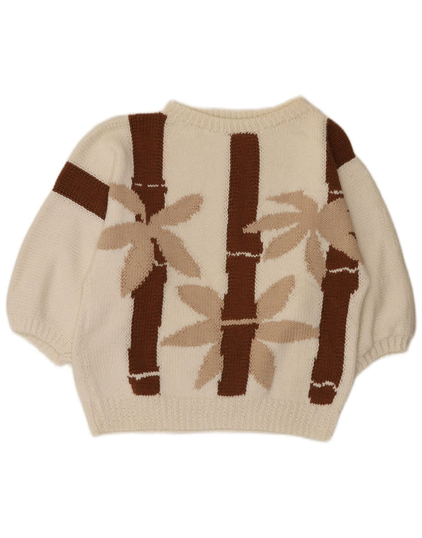 Vintage Womens 3/4 Sleeve Boat Neck Jumper Sweater UK 10 Small White Floral