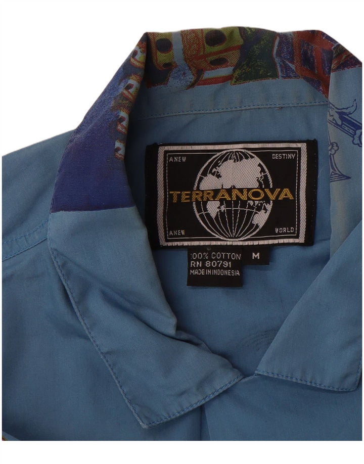 TERRANOVA Mens Graphic Short Sleeve Shirt Medium Blue Patchwork Cotton
