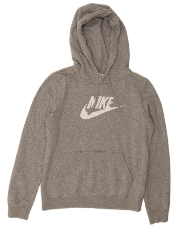 NIKE Womens Oversized Graphic Hoodie Jumper UK 6 XS Grey Flecked Cotton