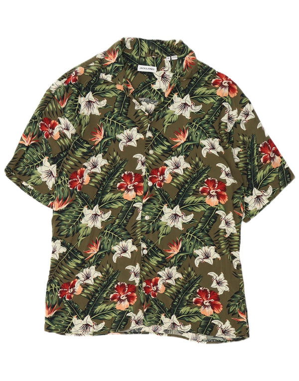 JACK & JONES Mens Short Sleeve Shirt Medium Khaki Floral Viscose
