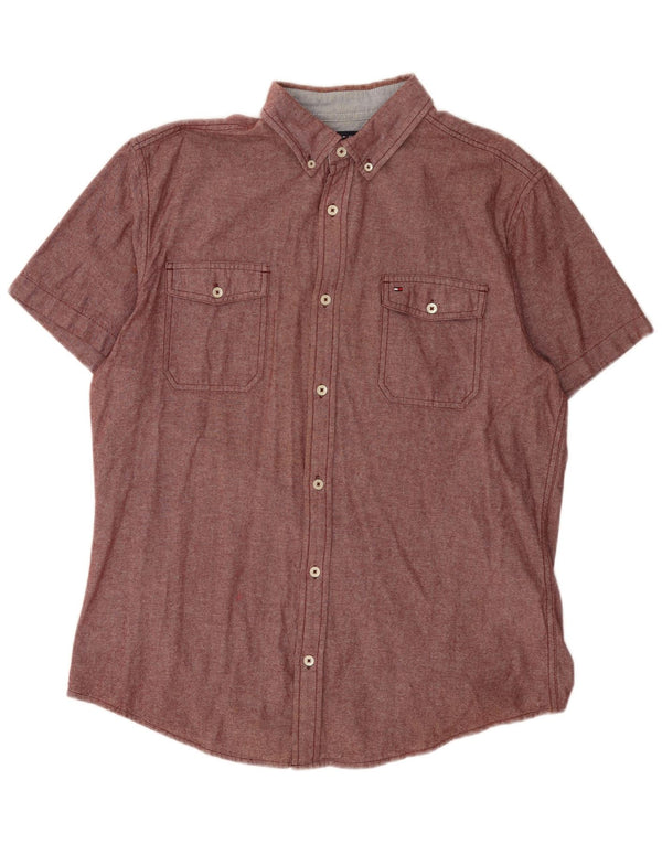 TOMMY HILFIGER Mens Custom Fit Short Sleeve Shirt Large Burgundy Cotton