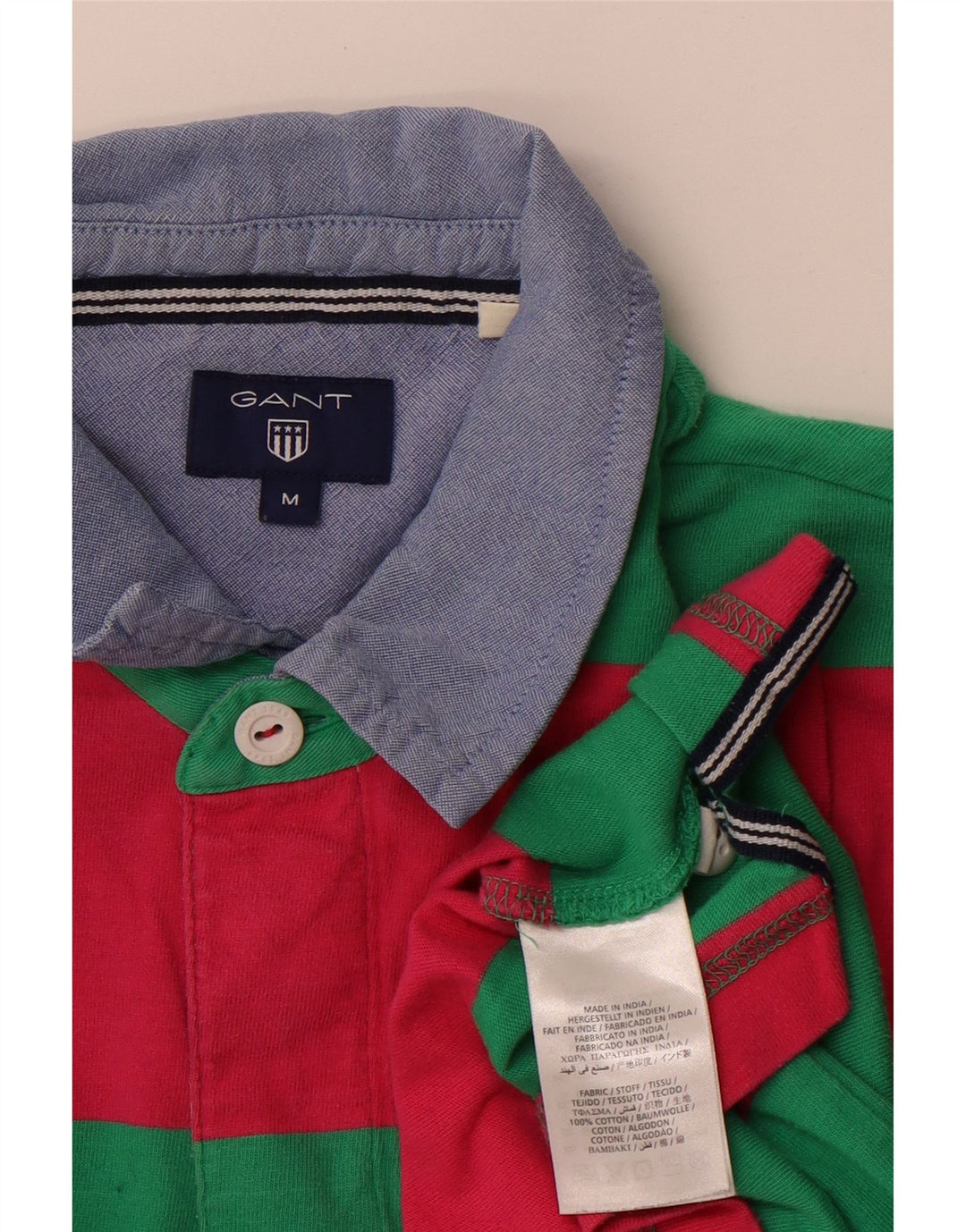 Gant Mens Long Sleeve Rugby Polo Shirt Medium Green Striped Cotton