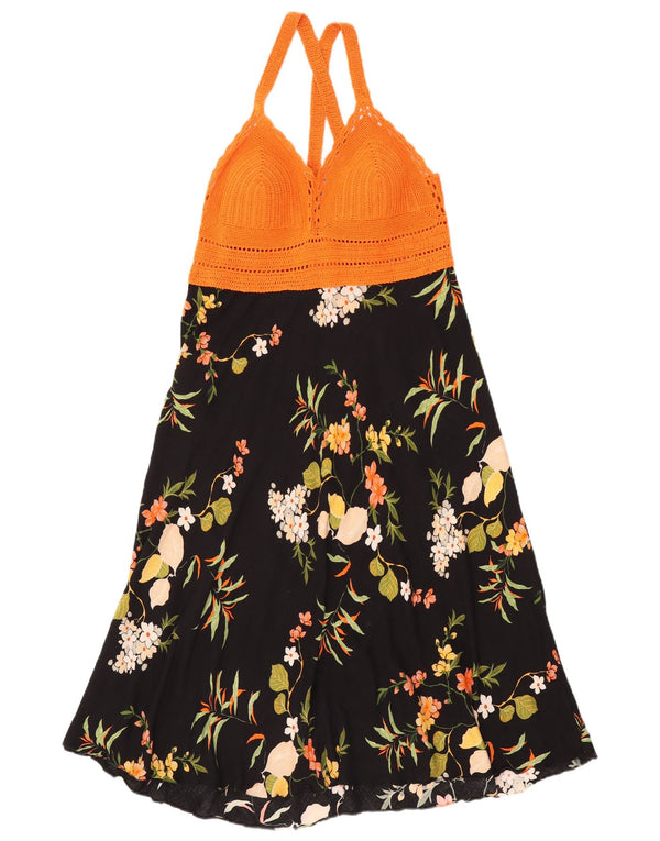 Vintage Womens Halter Dress UK 12 Medium Black Floral