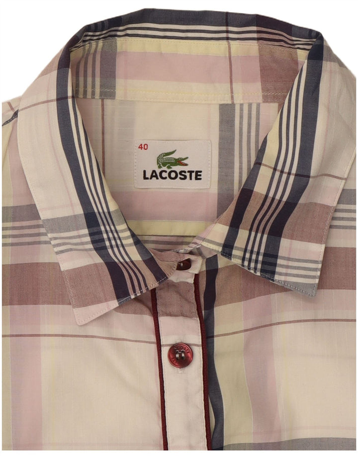 Lacoste Womens Short Sleeve Shirt Size 40 Medium White Check Cotton