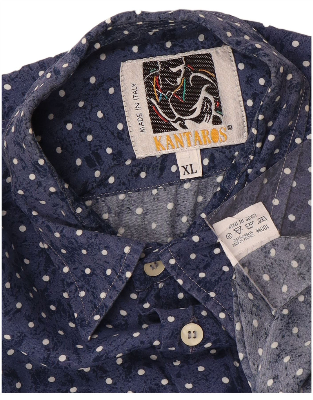 KANTAROS Mens Short Sleeve Shirt XL Navy Blue Spotted Viscose