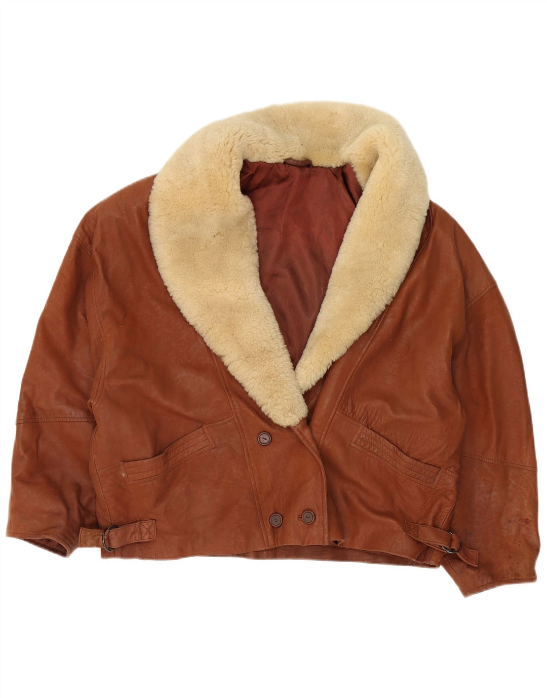 ST MICHAEL Womens Crop Double Breasted Jacket UK 18 XL Brown Leather