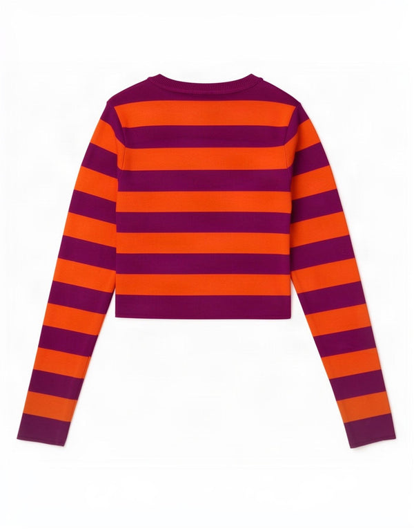 Zara Womens Crop Boat Neck Jumper Sweater UK 8 Small Purple Striped Viscose