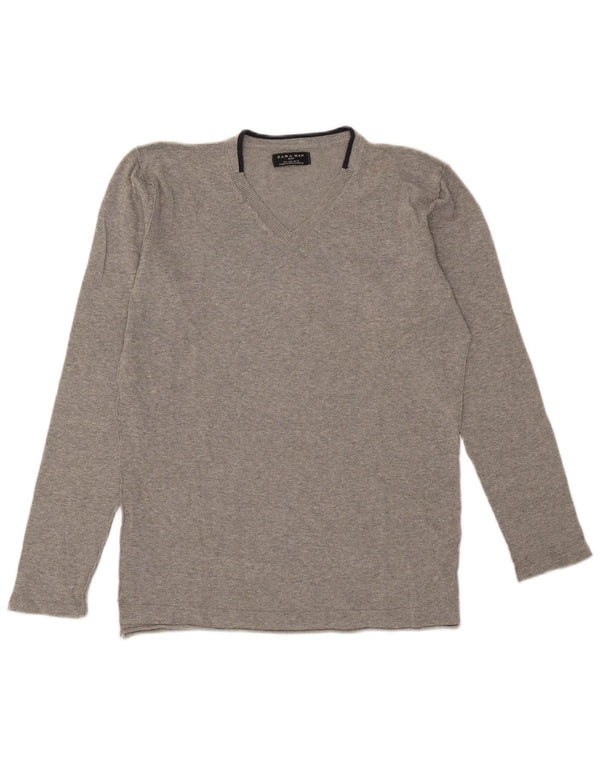 Zara Mens V-Neck Jumper Sweater Large Grey Cotton