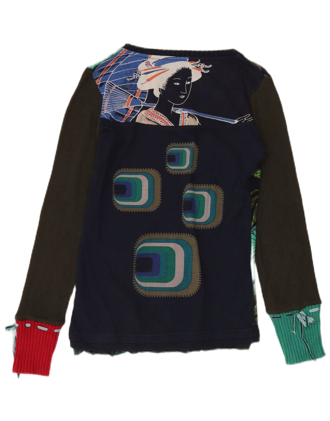 DESIGUAL Womens Graphic Top Long Sleeve UK 12 Medium Multicoloured Floral