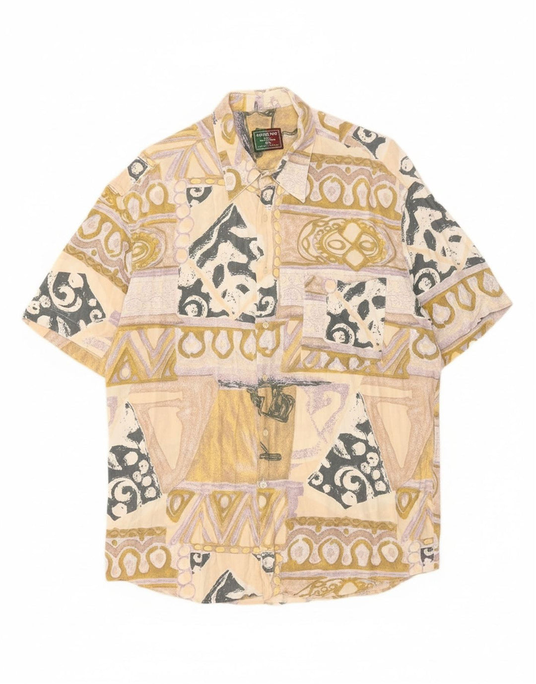 RODRIGO Mens Abstract Pattern Short Sleeve Shirt Size 18 45 2XL Beige