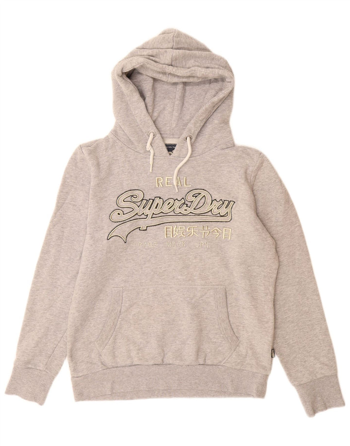 SUPERDRY Womens Graphic Hoodie Jumper UK 14 Large Grey Flecked Cotton