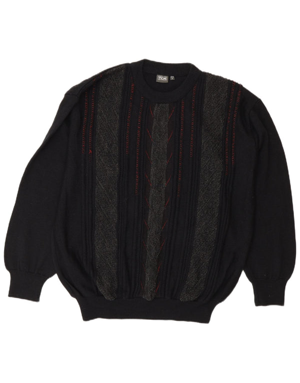 TCM Mens Crew Neck Jumper Sweater IT 48/50 Medium Black Striped Merino Wool