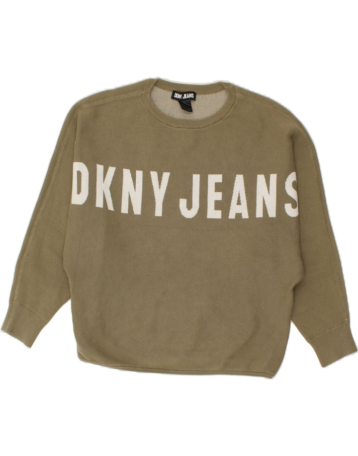 DKNY Womens Oversized Graphic Sweatshirt Jumper UK 14 Medium Khaki Cotton Vintage Dkny and Second-Hand Dkny from Messina Hembry 